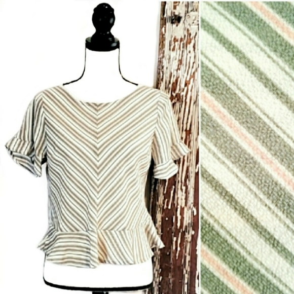 Monteau Tops - Monteau Crop Top Green And Cream Striped Size M